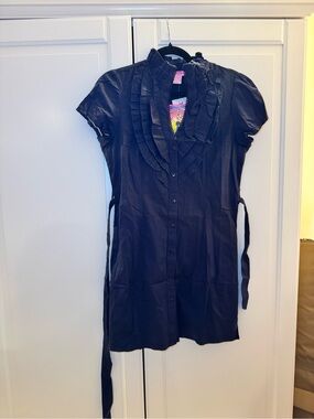 Y2K She's Cool Navy Button-Front Ruffle Tunic